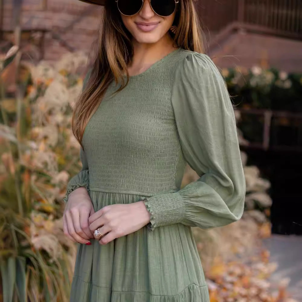 Vestido fruncido de cintura alta con cuello redondo, estilo retro francés, elegante, estilo europeo y americano