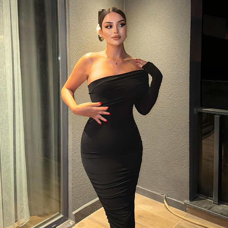 Vestido plisado de manga larga con un solo hombro para mujer