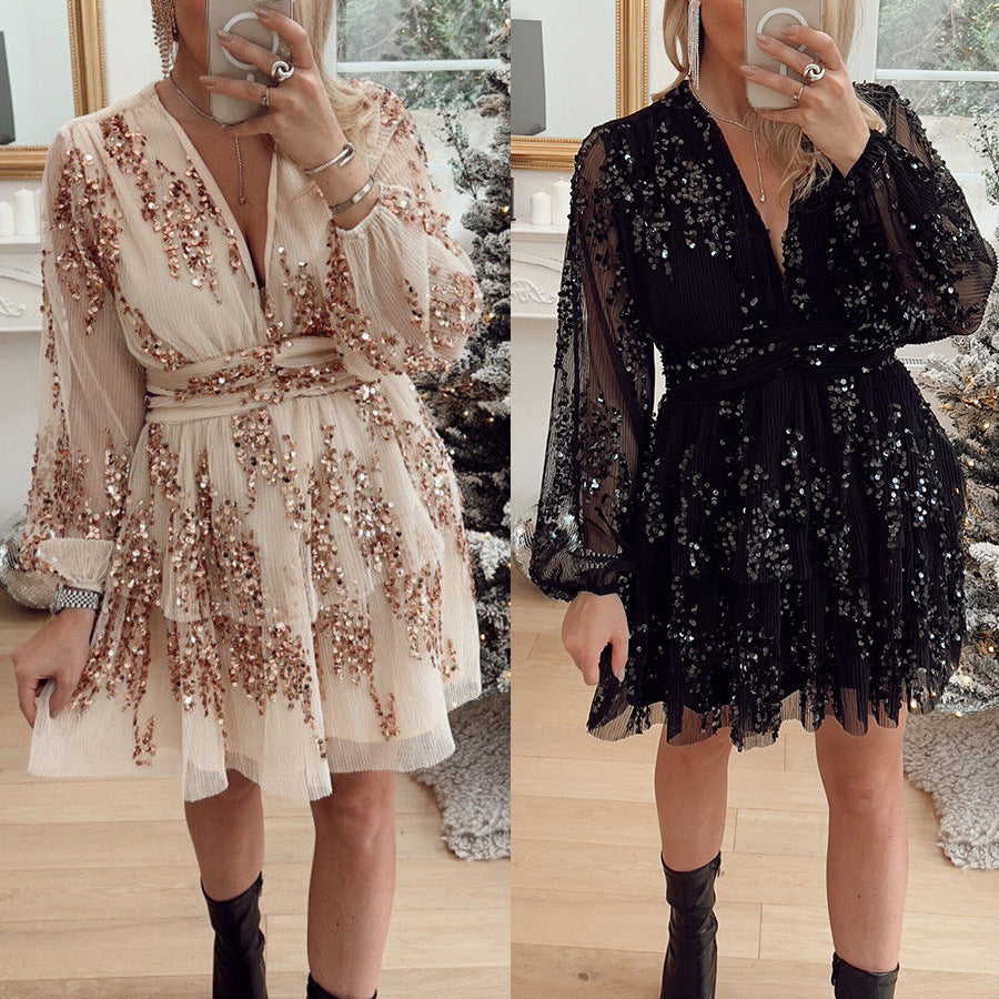 Vestido de lentejuelas en capas para fiesta navideña europea y americana INS Leisure