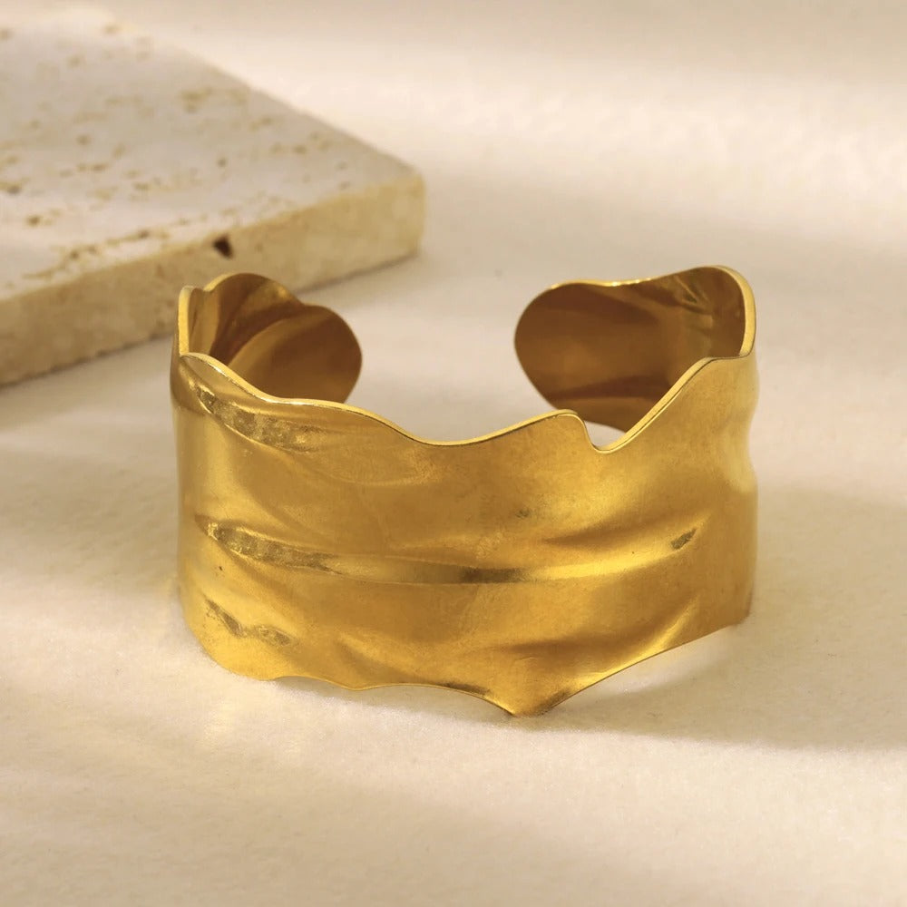 Stainless Steel Irregular Wide Gold Bangle - Vintage Classic Bracelet for Women