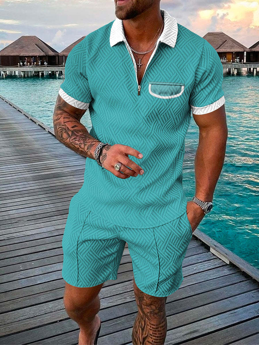 Conjunto de camisa con solapa y cremallera con estampado geométrico de manga corta en 3D de moda de verano para hombre