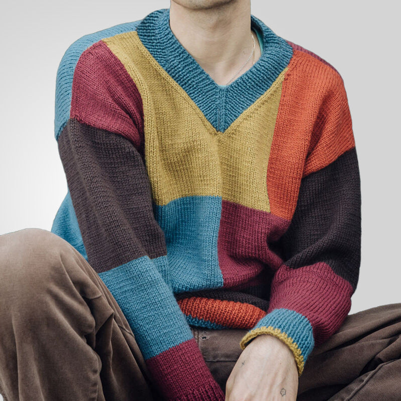 Jersey de manga larga con cuello en V y bloques de color para hombre joven y moderno