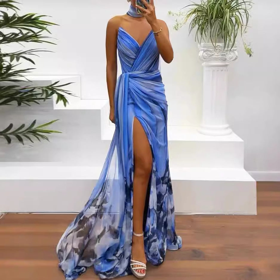 Vestido elegante con abertura y estampado sin mangas de moda de verano