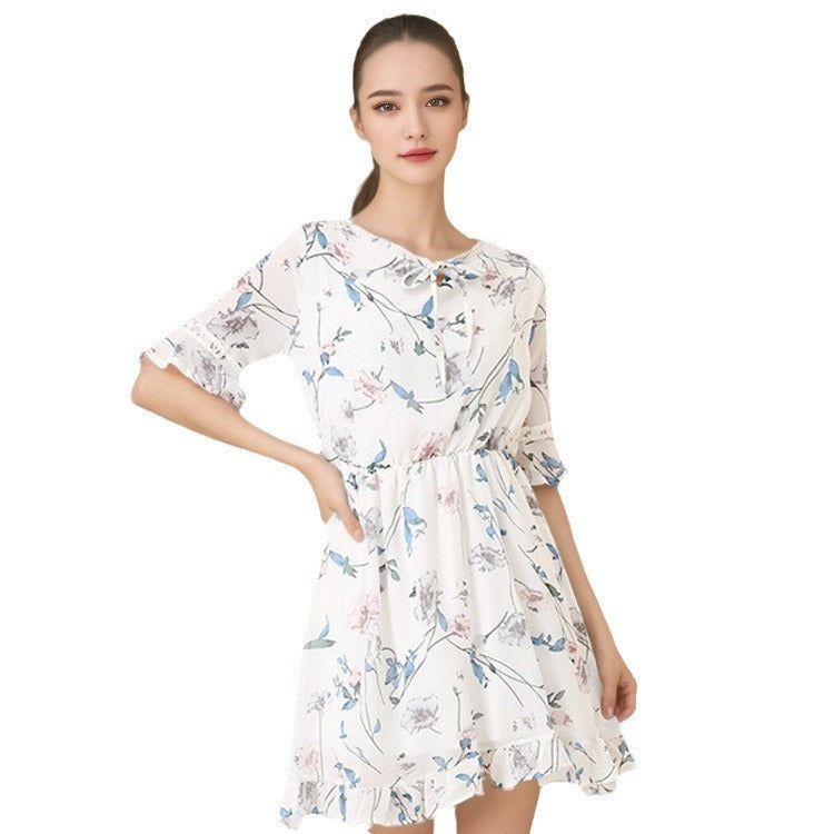 Vestido de gasa con flores dulces, corte ajustado, mangas acampanadas, falda acampanada a juego