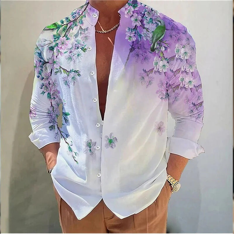 Camisa informal de manga larga con solapa y estampado 3D para hombre