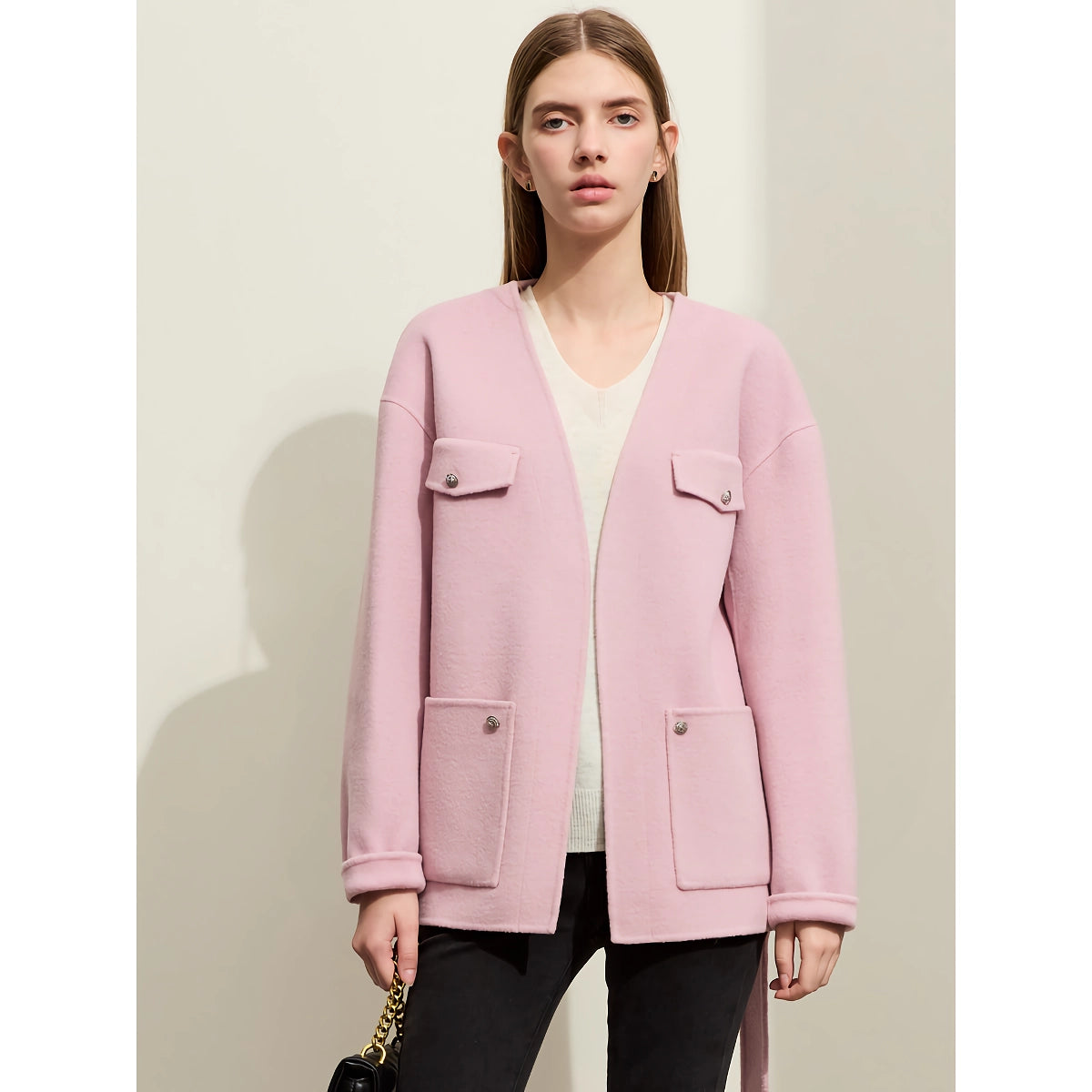 Elegante abrigo de lana para mujer: chaqueta térmica con cuello en V y cinturón