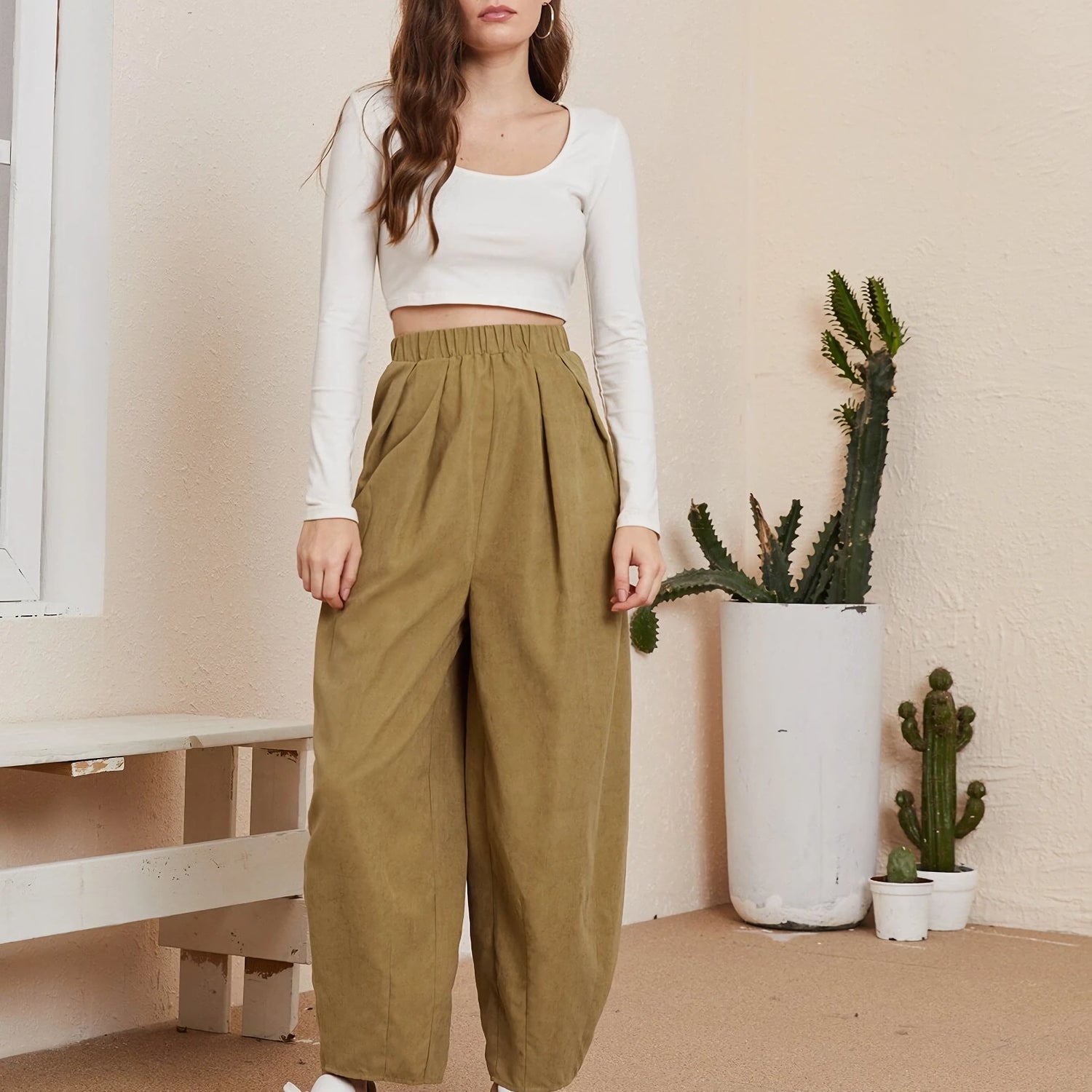 Freizeithose aus Baumwolle mit hoher Taille und Taschen - Locker sitzende Herbsthose