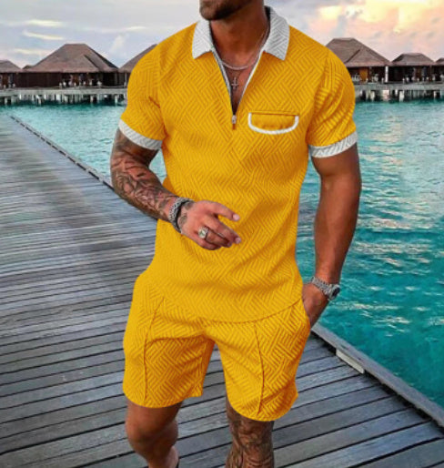 Conjunto de camisa con solapa y cremallera con estampado geométrico de manga corta en 3D de moda de verano para hombre