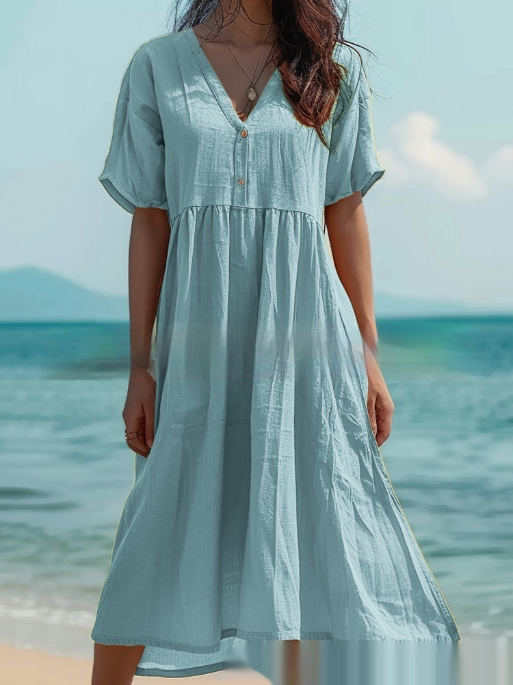Vestido de lino y algodón de manga corta para mujer