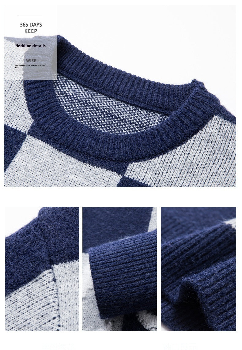 Suéter de cuadros con cuello redondo, suave, cálido y grueso