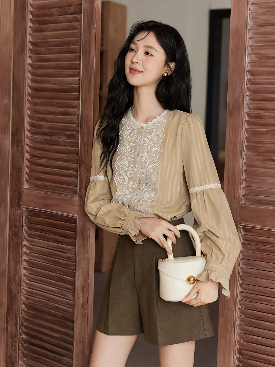 Vintage Bluse mit Netzstickerei und Spitzenbesatz und Laternenärmeln