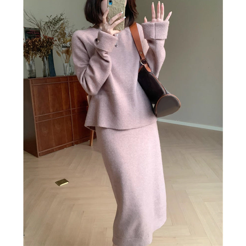 Vestido de punto interior rosa para mujer, otoño e invierno, para llevar un traje completo