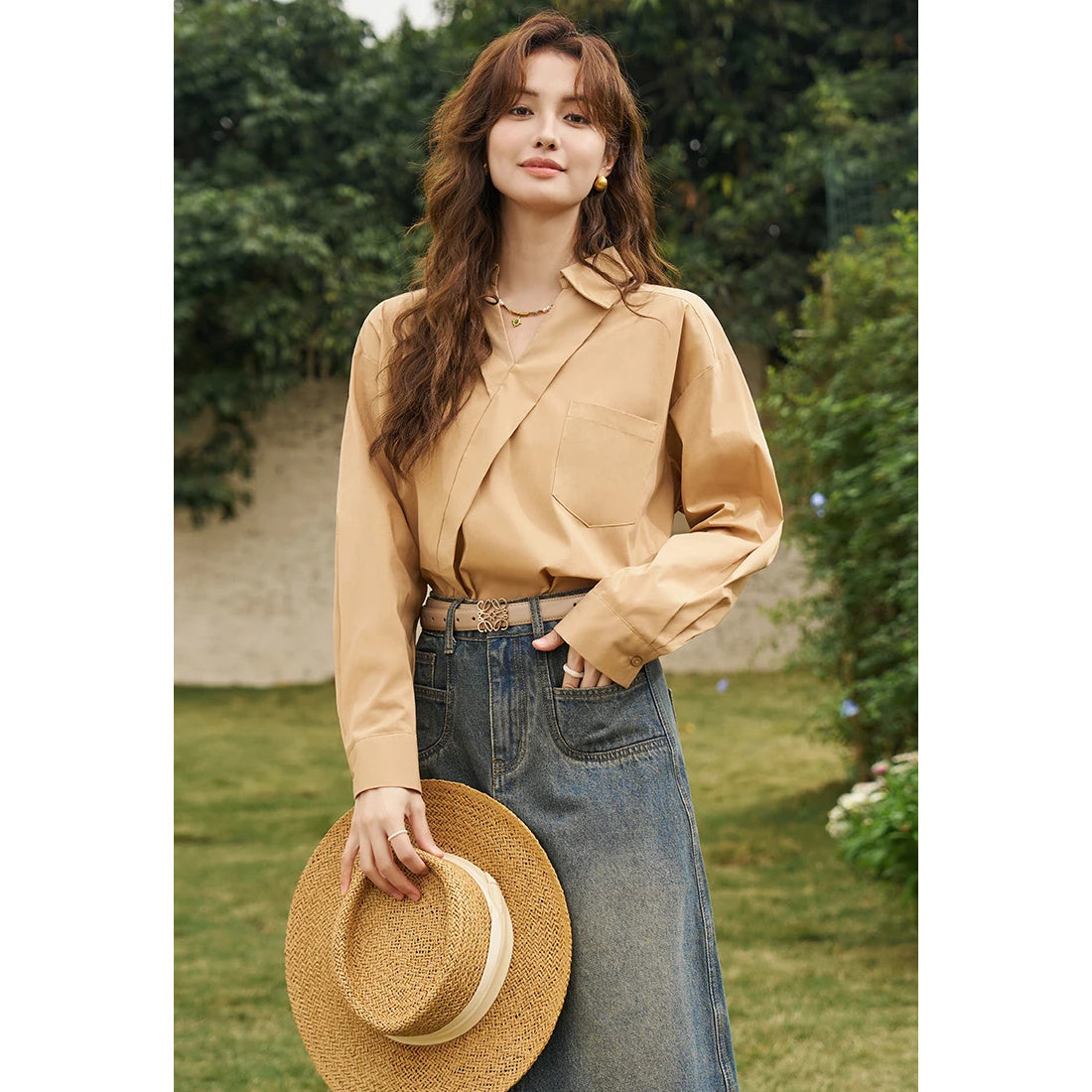 Camisa de manga larga con cuello vuelto y escote en V estilo retro francés para mujer