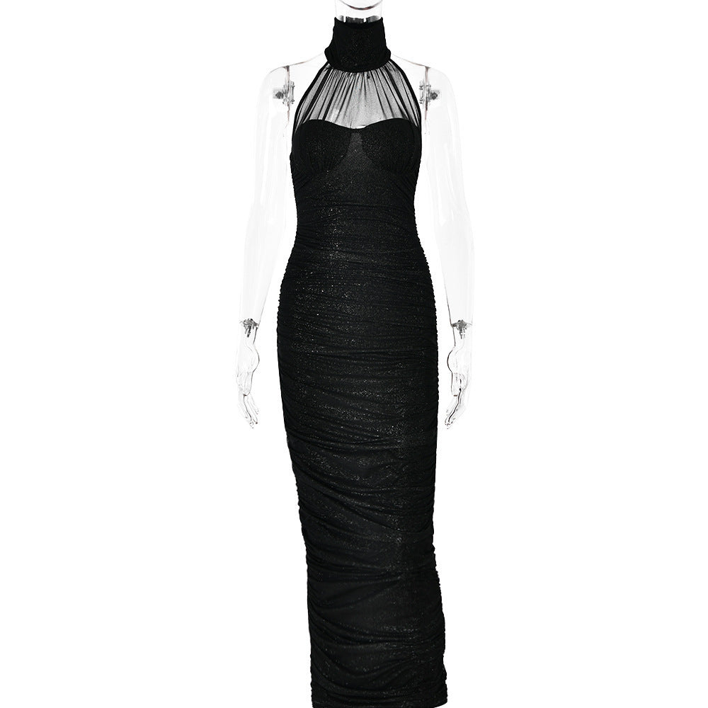 Vestido ajustado plateado sexy sin espalda estilo europeo y americano con media espalda
