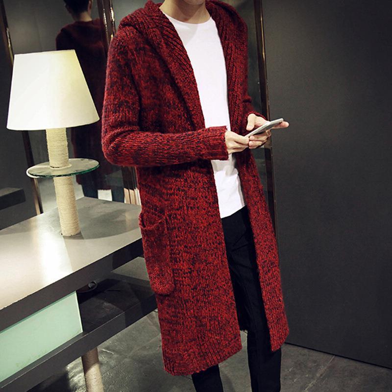 Suéter holgado largo de mohair con capucha para hombre, chaqueta de punto con bolsillo a la moda