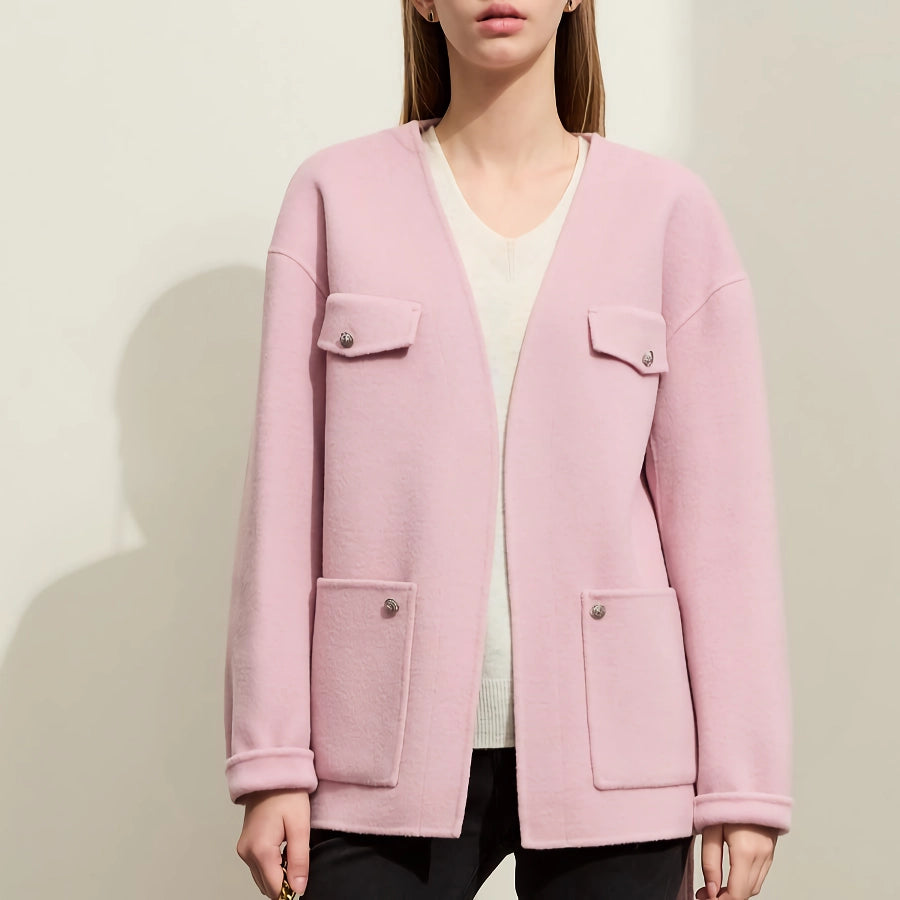 Elegante abrigo de lana para mujer: chaqueta térmica con cuello en V y cinturón