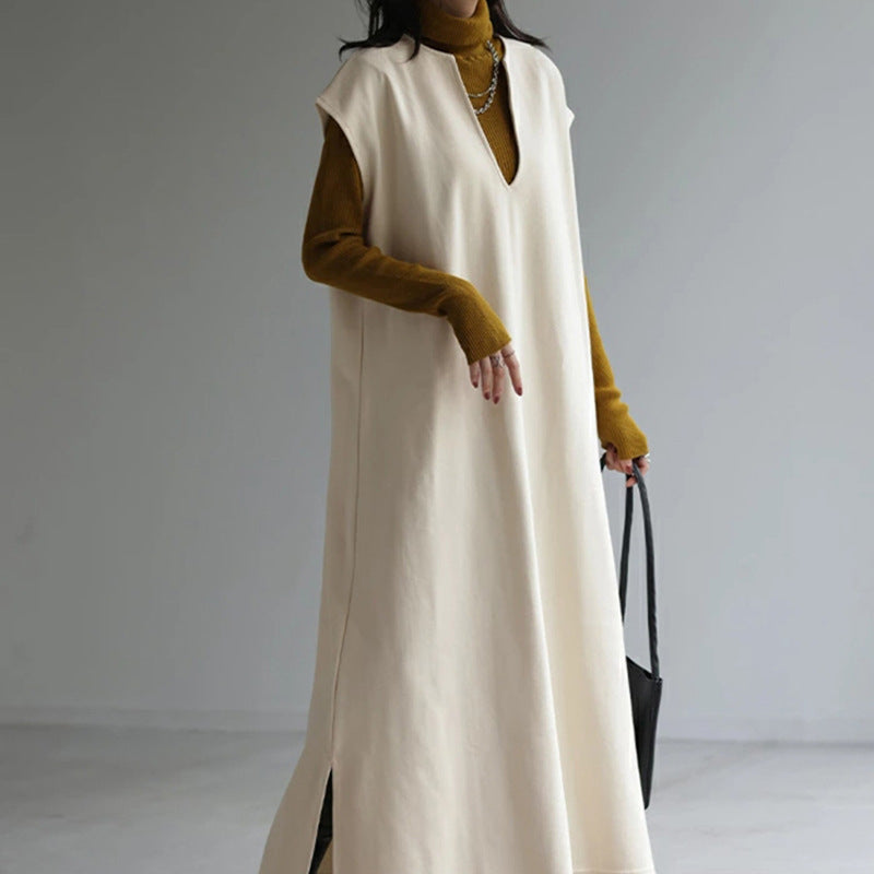 Vestido de lana con escote en V japonés y coreano para otoño e invierno
