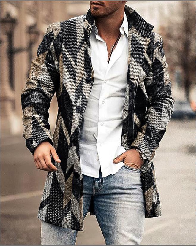 Abrigo informal de lana con cuello alto y bolsillos de longitud media para hombre para otoño e invierno