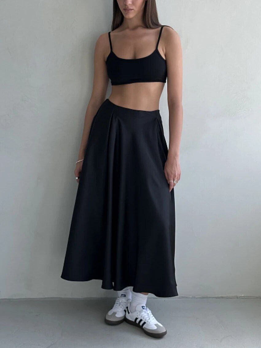 Falda larga elegante de satén de cintura alta para mujer