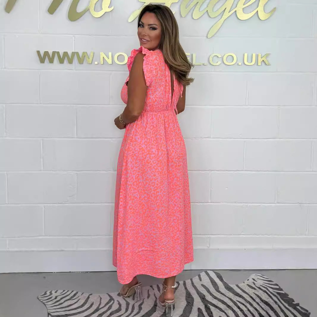 Damen Temperament Bedrucktes Taillenenges Kleid in Rosa mit Leopardenmuster