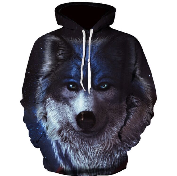 Suéter de manga larga con capucha y estampado digital en 3D de un lobo genial