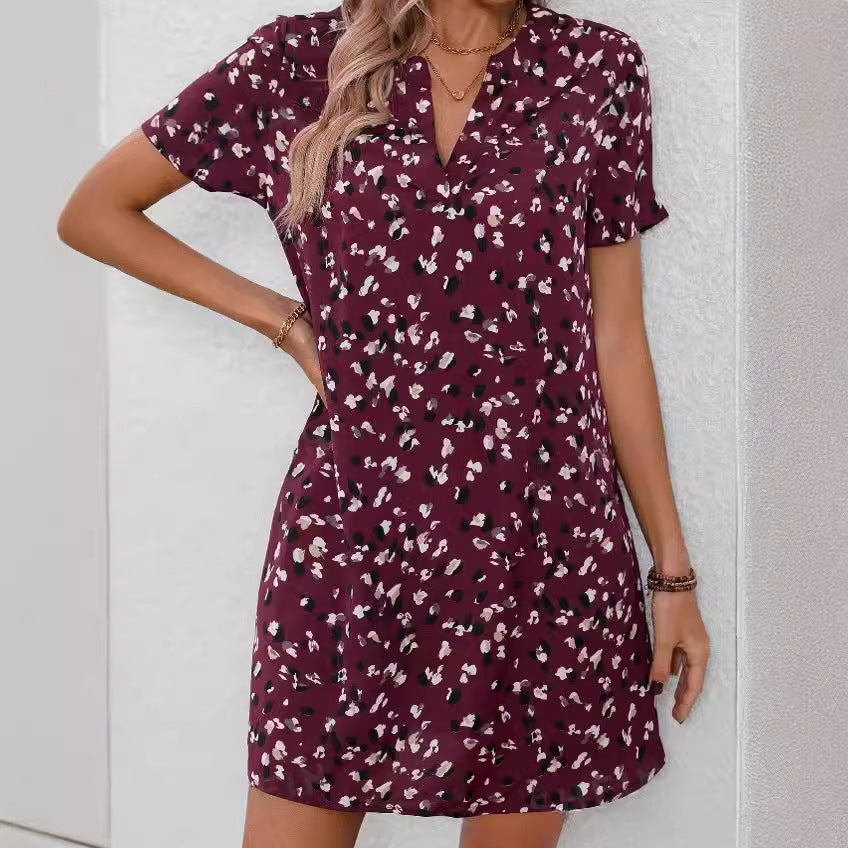 Bedrucktes kurzärmliges mittellanges Hemdblusenkleid für Damen