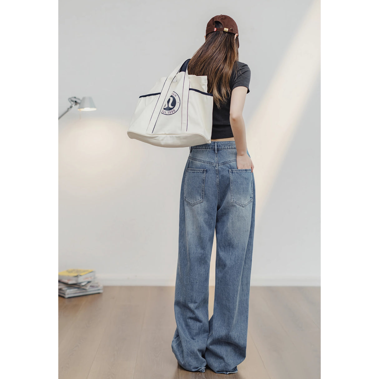 Light Blue Vintage Wide-Leg Jeans with Drawstring Waist for Women