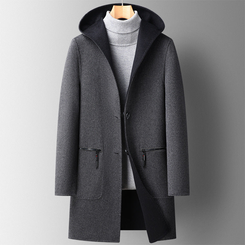 Herbst Winter Mit Kapuze Doppelseitige Tragen Wollmantel Herren Mittellang
