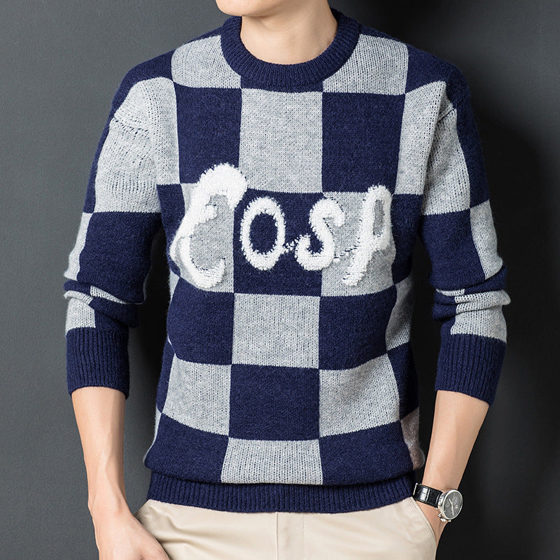 Suéter de cuadros con cuello redondo, suave, cálido y grueso