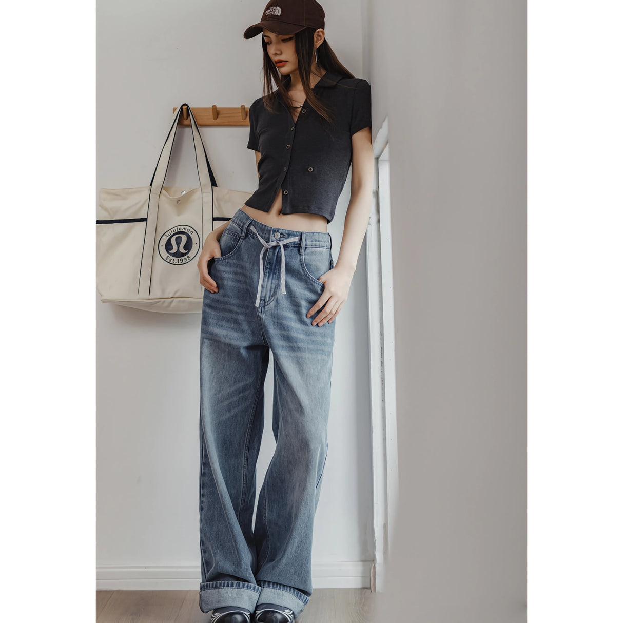Light Blue Vintage Wide-Leg Jeans with Drawstring Waist for Women