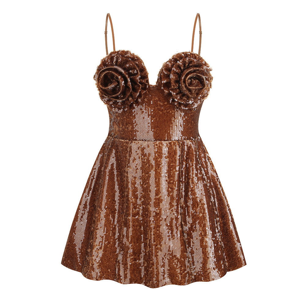 Vestido de lentejuelas con flores tridimensionales para mujer