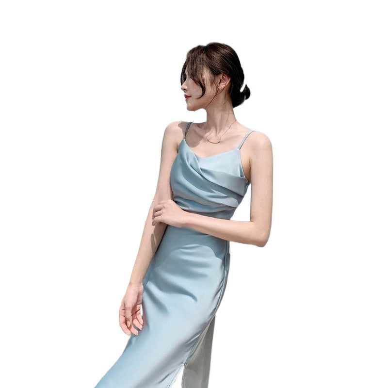 Französisch Stil Blau Sling Kleid frauen Sommer Satin