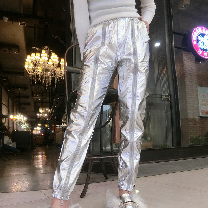 Silber lässige Krawatte Hose lose Reißverschluss Mode Haremshose