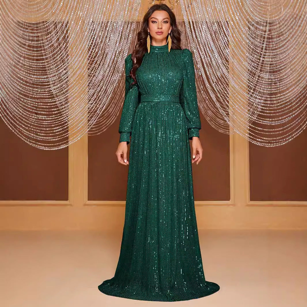 Vestido de noche largo con cuello alto y manga larga con lentejuelas de color puro, sencillo y elegante