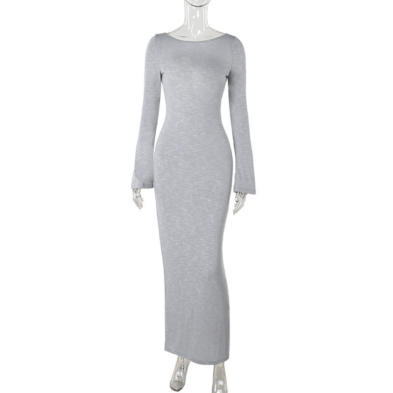 Gestricktes, rückenfreies, schmal geschnittenes Langarmkleid mit Schnürung für Damen