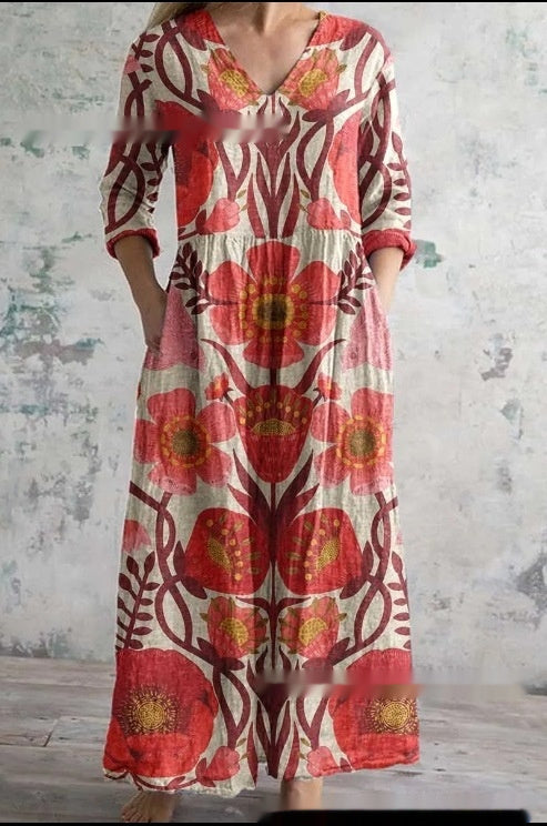 Vestido estampado con escote en V holgado y moderno para mujer