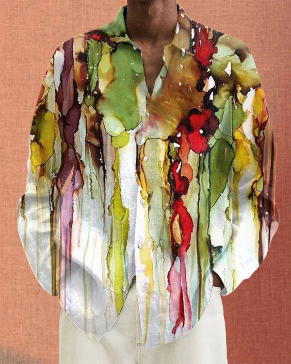 Camisa informal de manga larga con solapa y estampado 3D para hombre