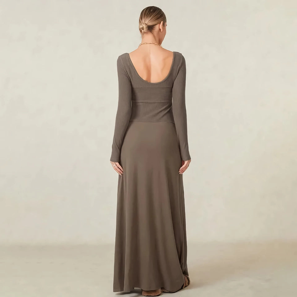 Elegante vestido largo de punto de otoño para mujer con escote cuadrado