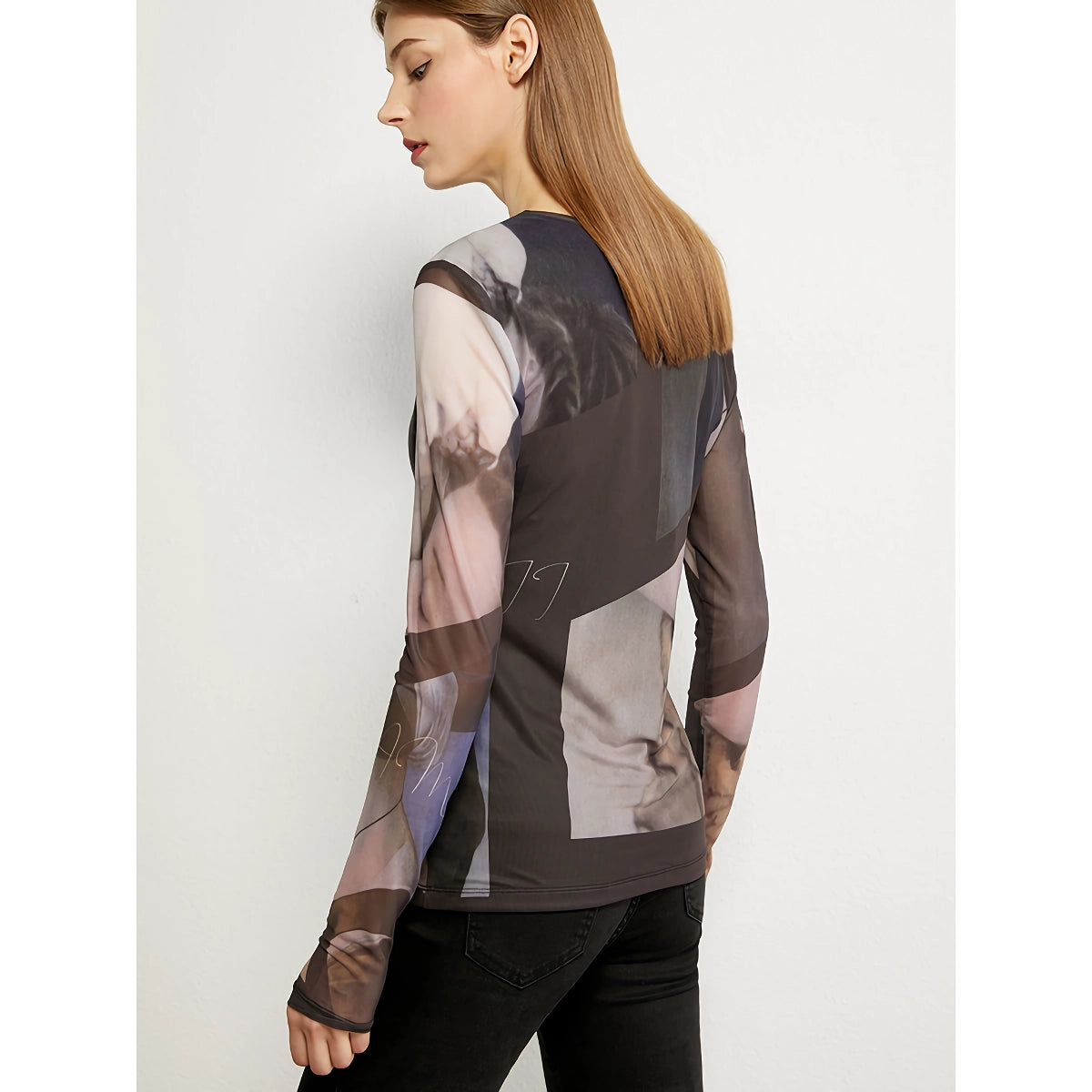 Minimalistisches Langarm-Mesh-T-Shirt für Damen
