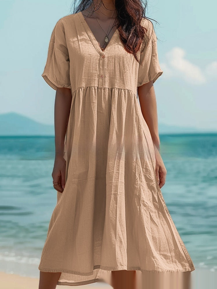 Vestido de lino y algodón de manga corta para mujer