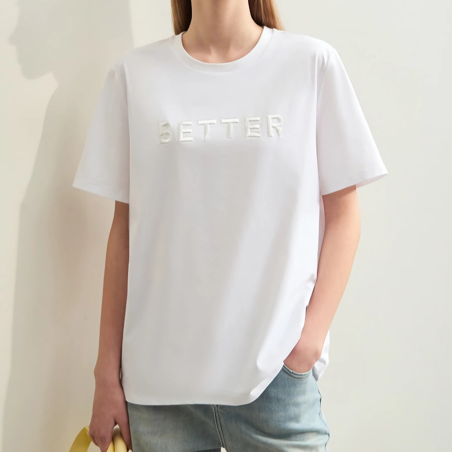 Minimalistisches kurzärmliges besticktes Baumwoll-T-Shirt für Damen