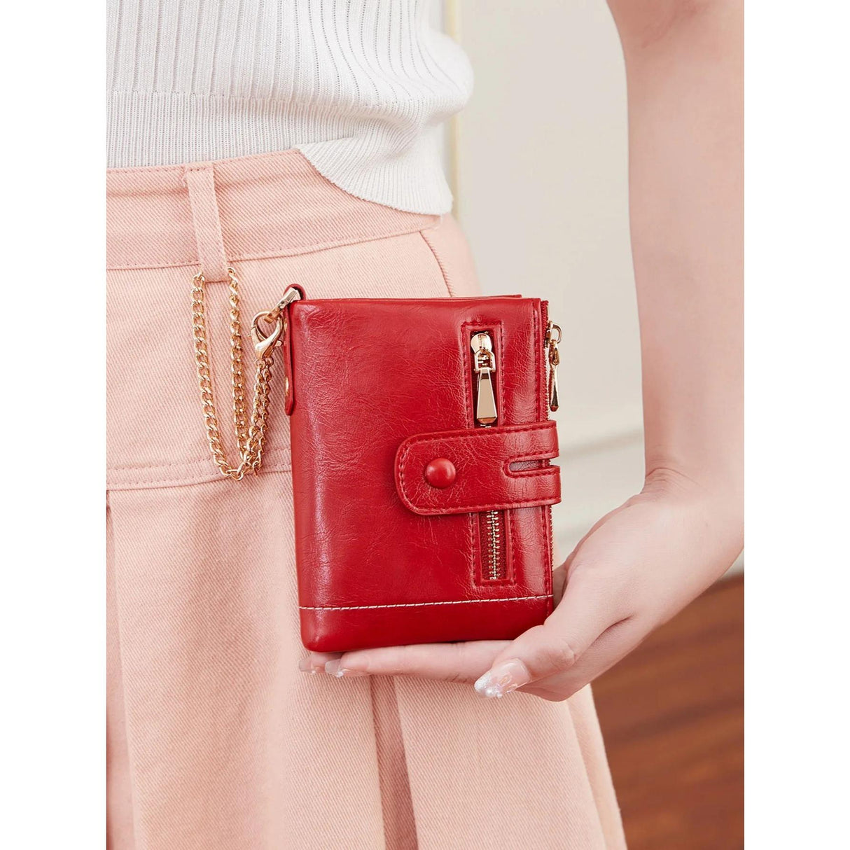 Cartera corta de piel sintética de alta calidad para mujer con cadena