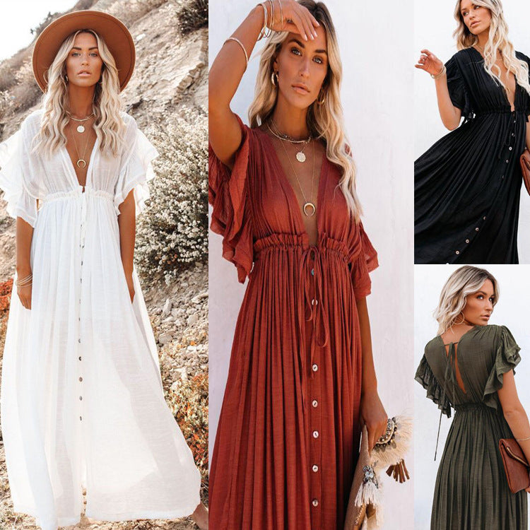 Vestido playero largo con tirantes y botones en la cintura de tejido irregular de color liso, camisa de protección solar