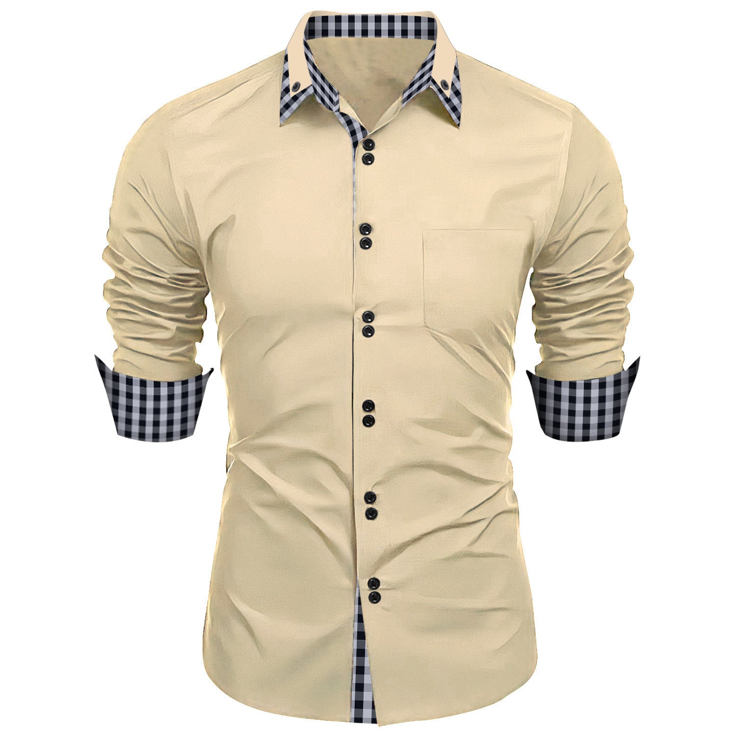 Camisa de solapa a cuadros con costura de cuello estilo europeo y americano