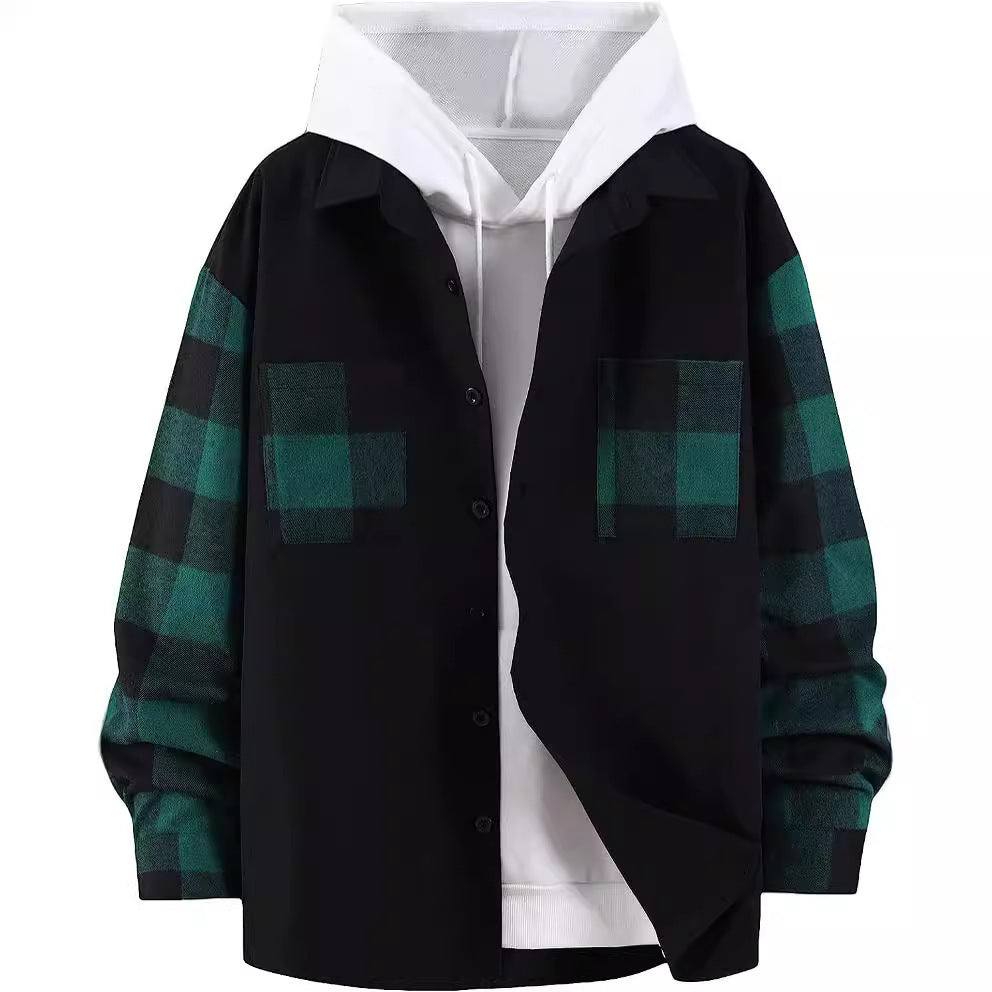 Camisa casual de manga larga con bloques de colores y cuadros para hombre de otoño