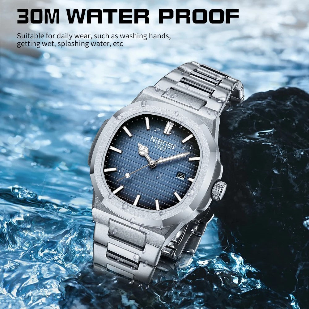 Luxuriöse, wasserdichte Quarz-Herrenuhr mit leuchtendem Datum und Edelstahlarmband