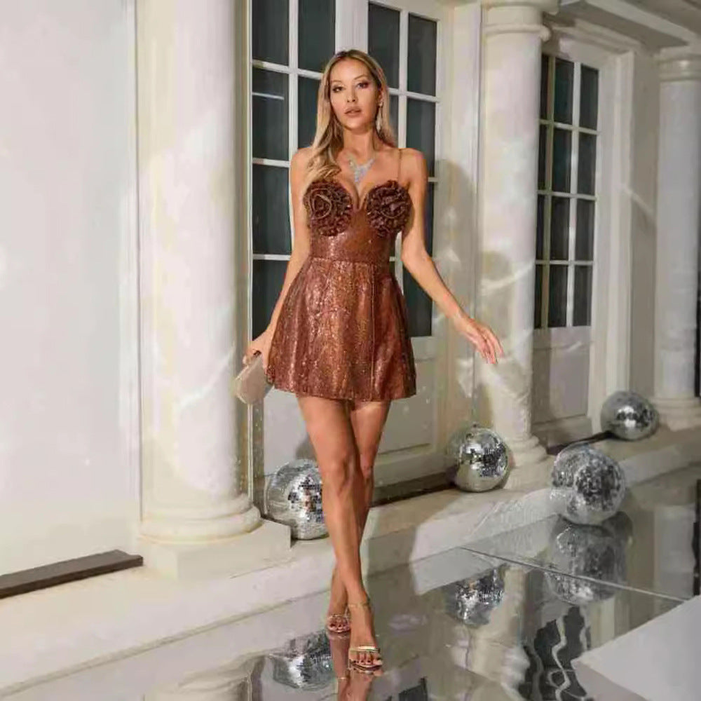 Vestido de lentejuelas con flores tridimensionales para mujer