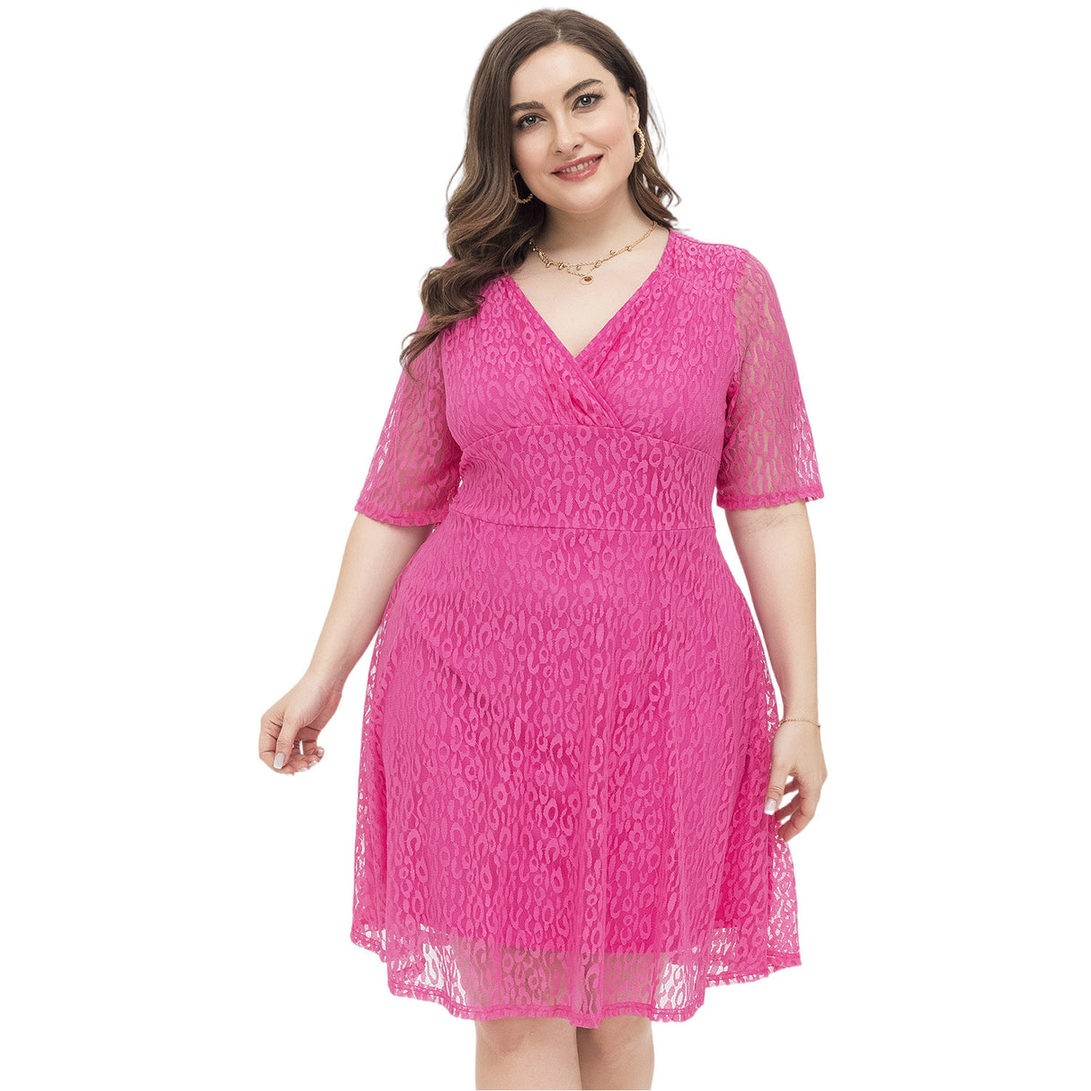 Lässiges Spitzenkleid mit enger Taille und V-Ausschnitt