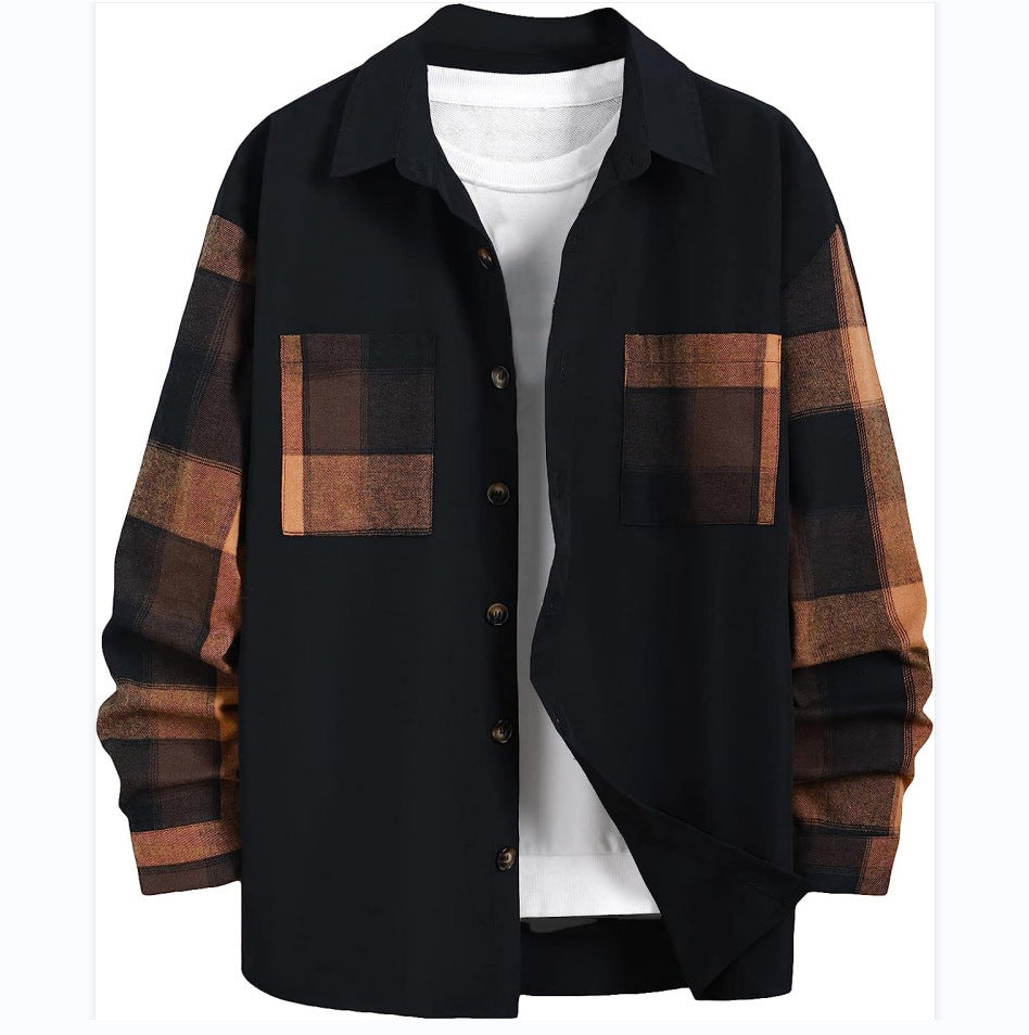Camisa casual de manga larga con bloques de colores y cuadros para hombre de otoño