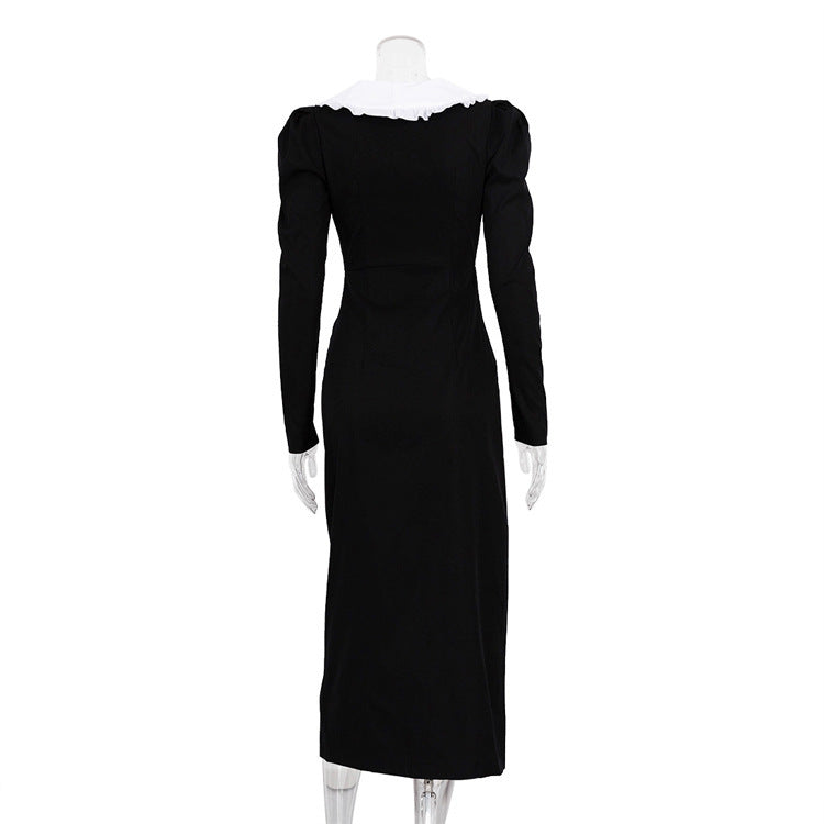 Vestido de manga larga con cuello de muñeca dividido y contraste de color en blanco y negro